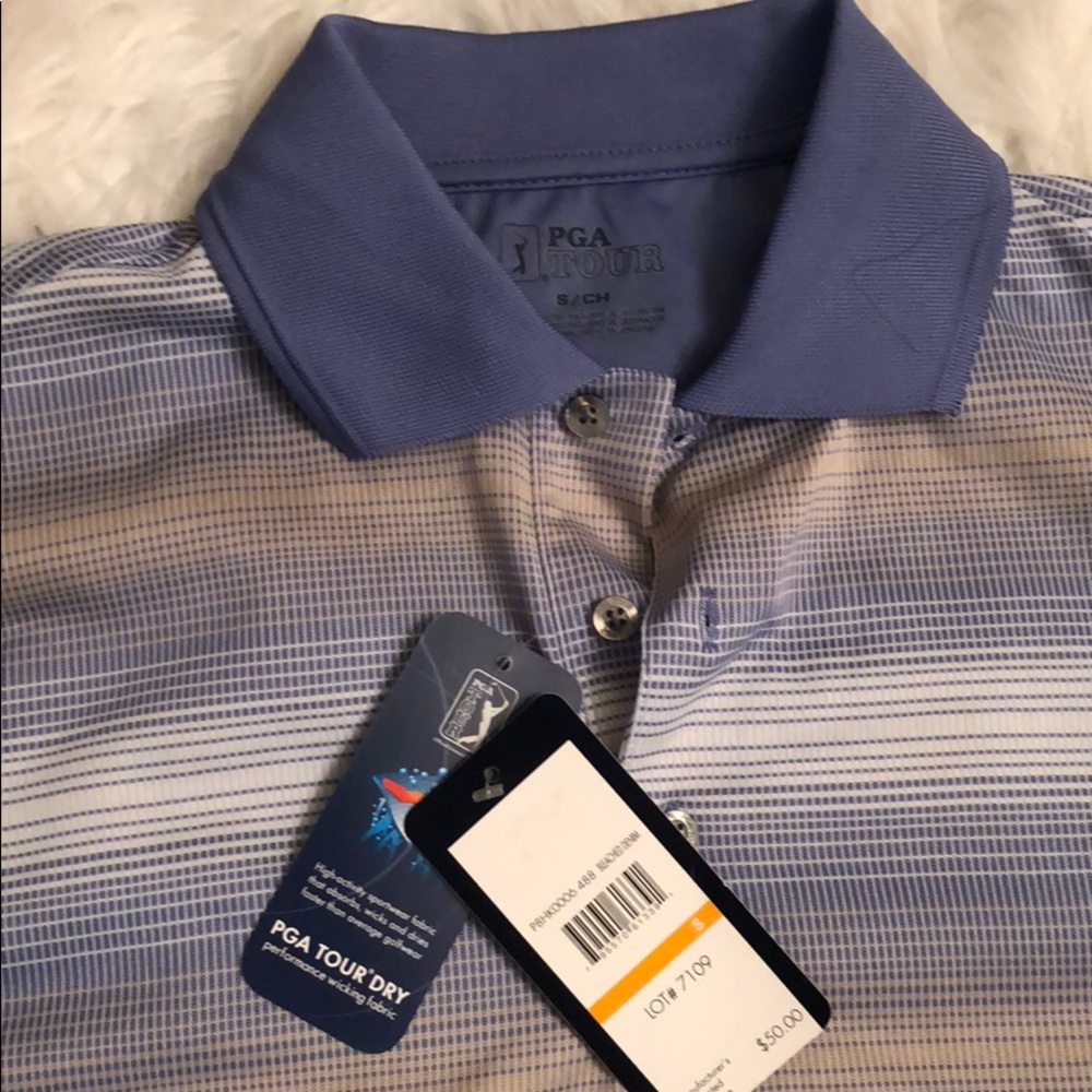 PGA Tour Golf Polo Blue Brown White Casual Shirt